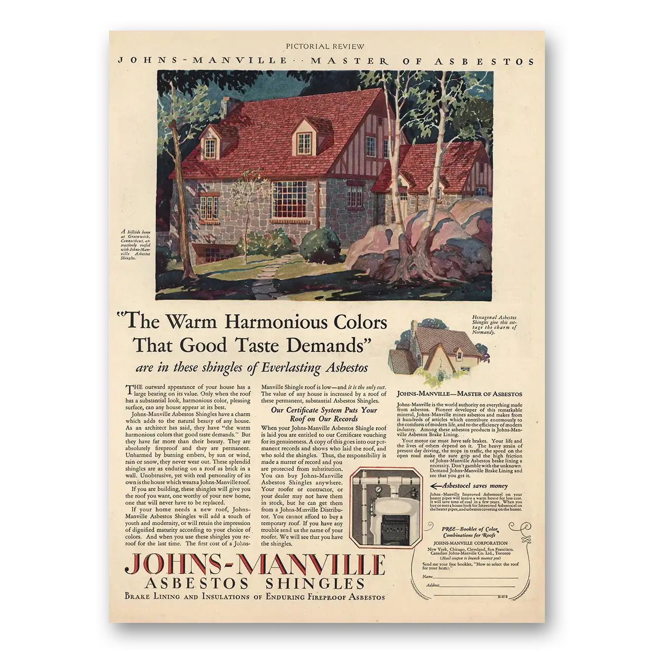 1928 Johns Manville Warm Harmonious Colors Vintage Magazine Print Ad