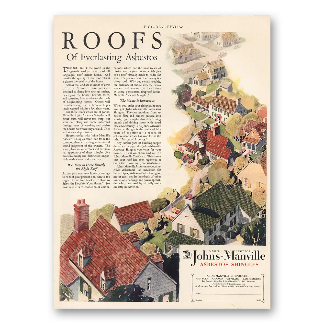 1928 Johns Manville Roofs of Everlasting Asbestos Vintage Magazine Print Ad