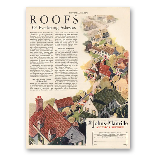 1928 Johns Manville Roofs of Everlasting Asbestos Vintage Magazine Print Ad