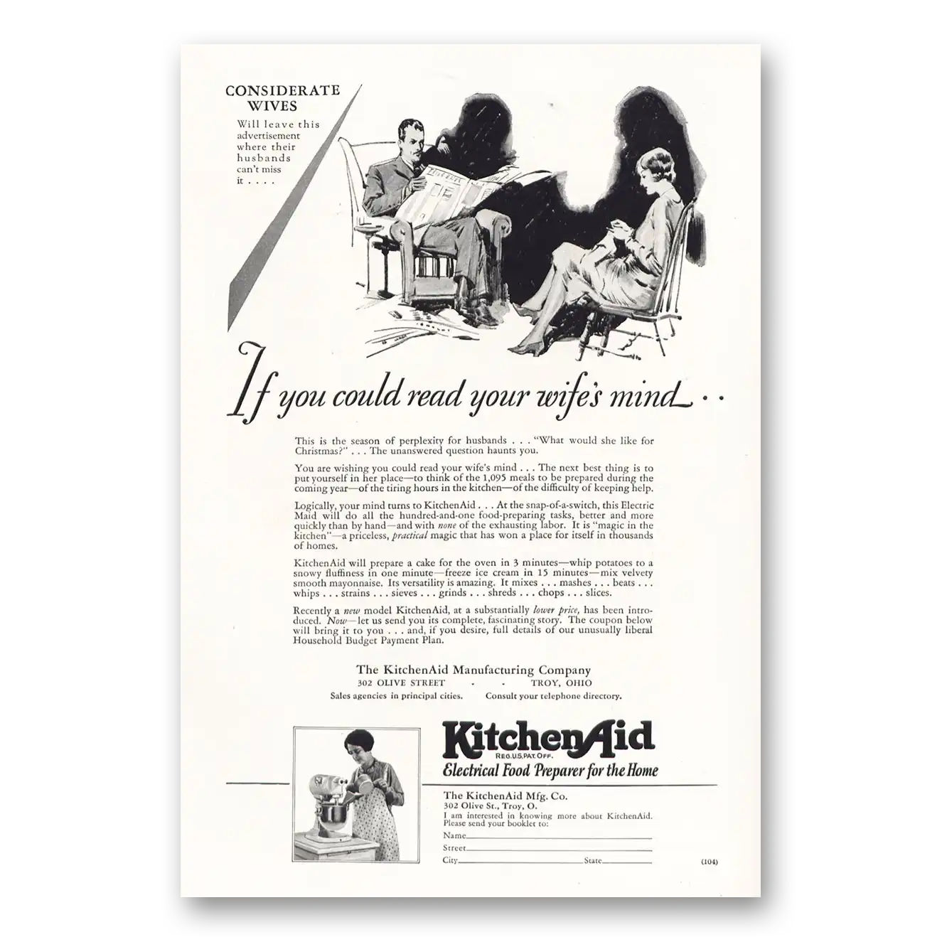 1928 KitchenAid Mixer You Could Read Your Wifes Mind Vintage Magazine Print Ad