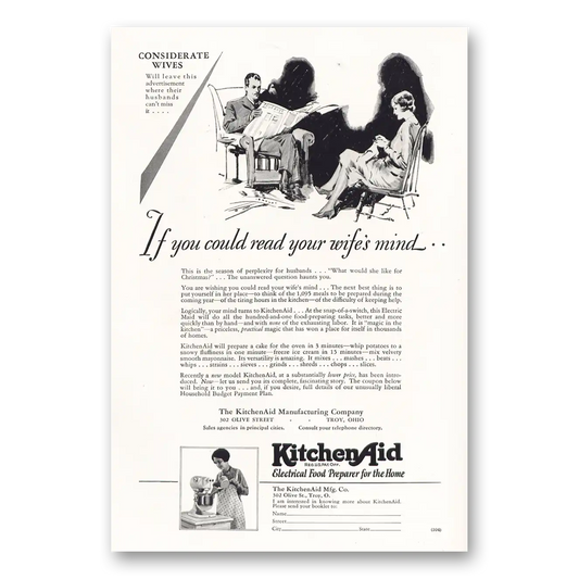 1928 KitchenAid Mixer You Could Read Your Wifes Mind Vintage Magazine Print Ad