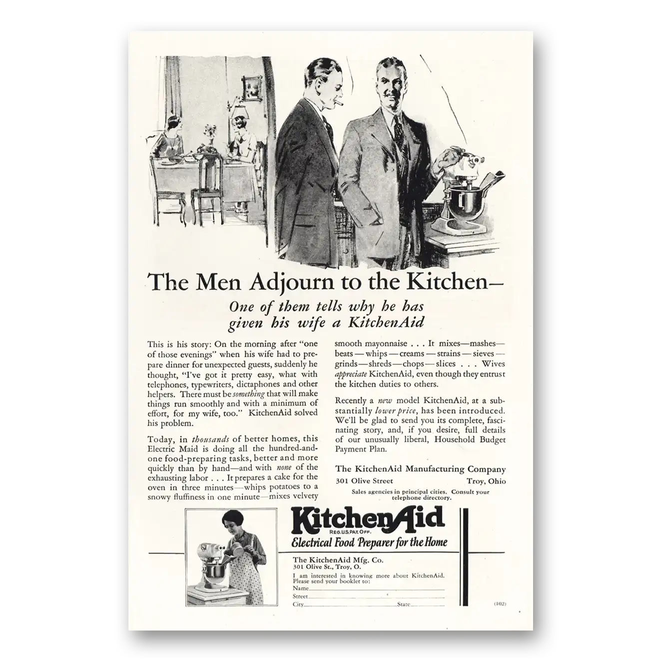 1928 KitchenAid Mixer Men Adjourn to the Kitchen Vintage Magazine Print Ad