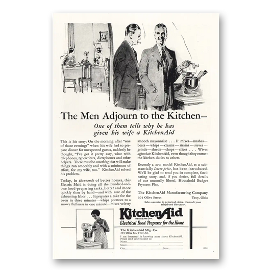 1928 KitchenAid Mixer Men Adjourn to the Kitchen Vintage Magazine Print Ad