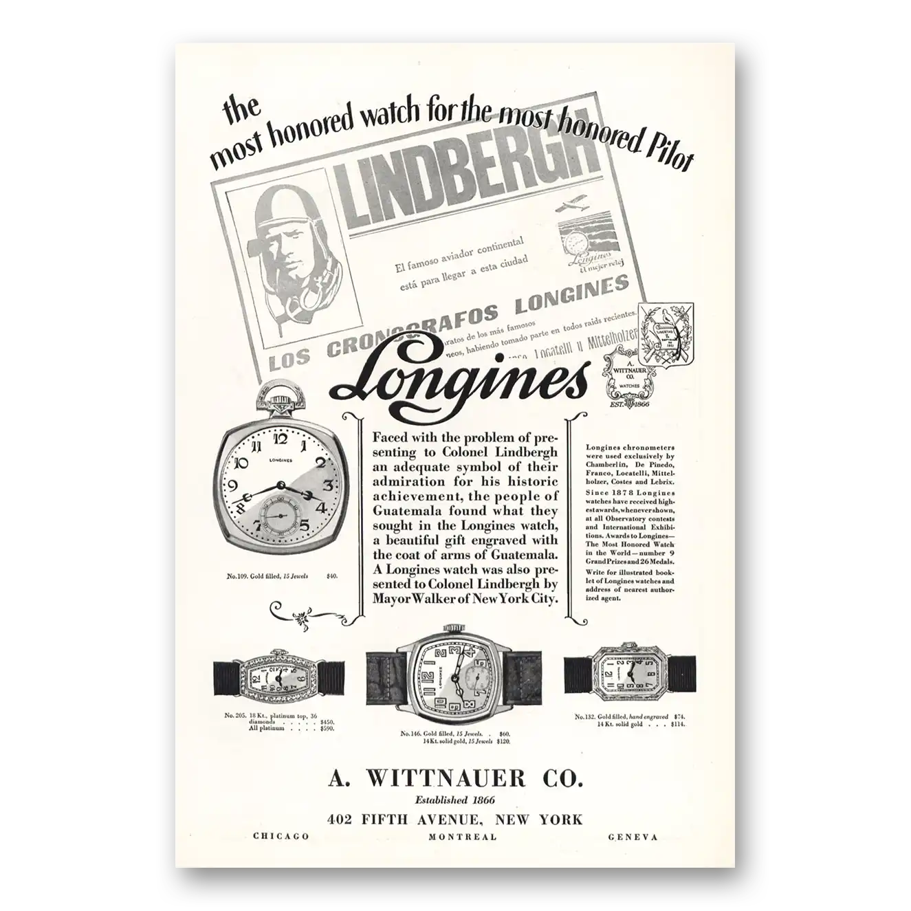 1928 Longines Wittnauer Most Honored Pilot Lindbergh Vintage Magazine Print Ad