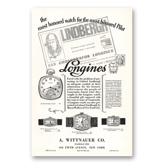 1928 Longines Wittnauer Most Honored Pilot Lindbergh Vintage Magazine Print Ad