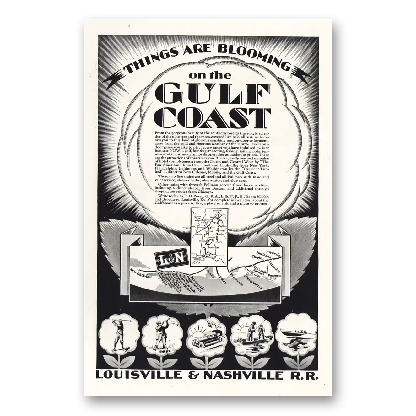 1928 Louisville & Nashville Railroad Things Are Blooming on the Gulf Coast Vintage Magazine Print Ad