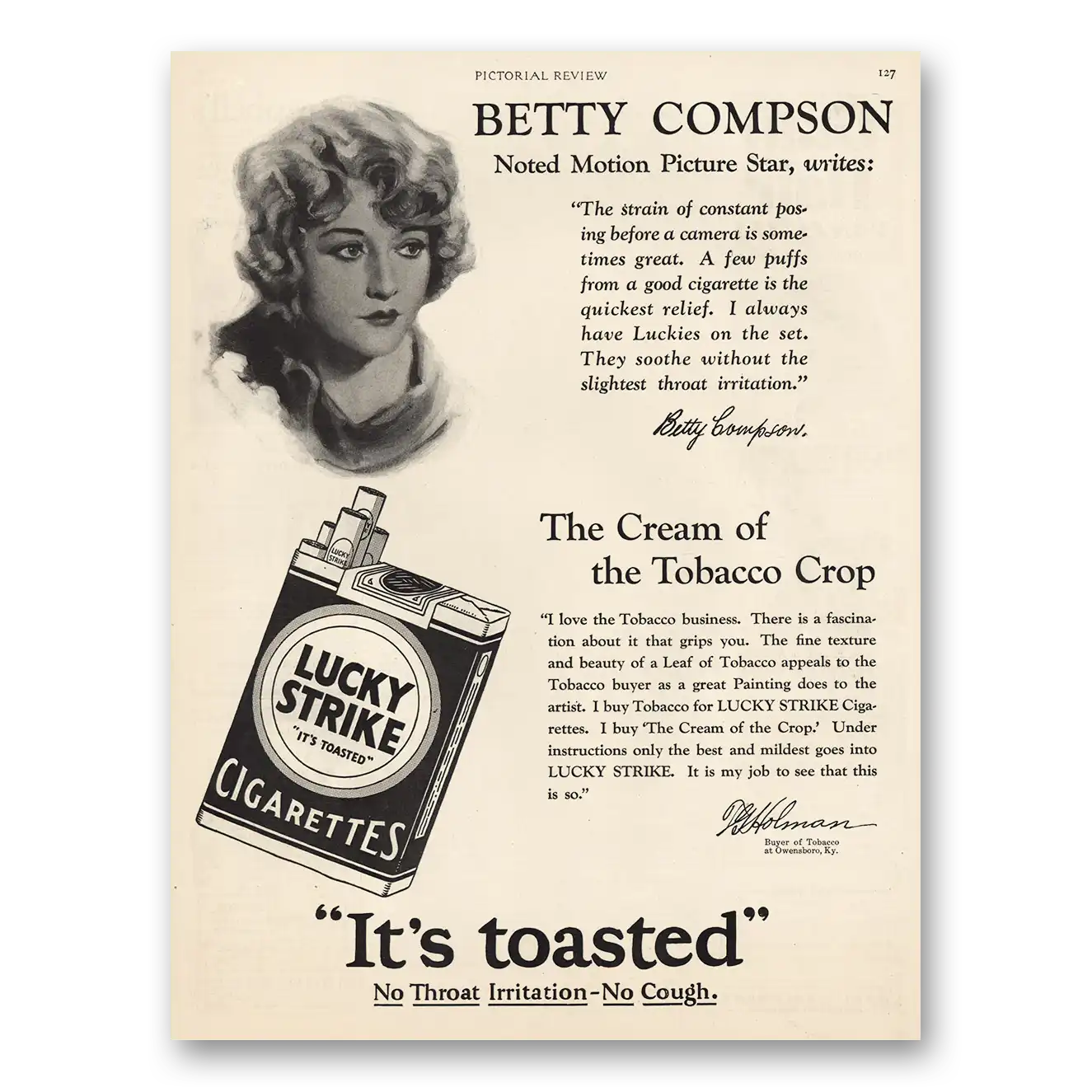 1928 Lucky Strike Cigarettes Betty Compson Motion Picture Star Vintage Magazine Print Ad