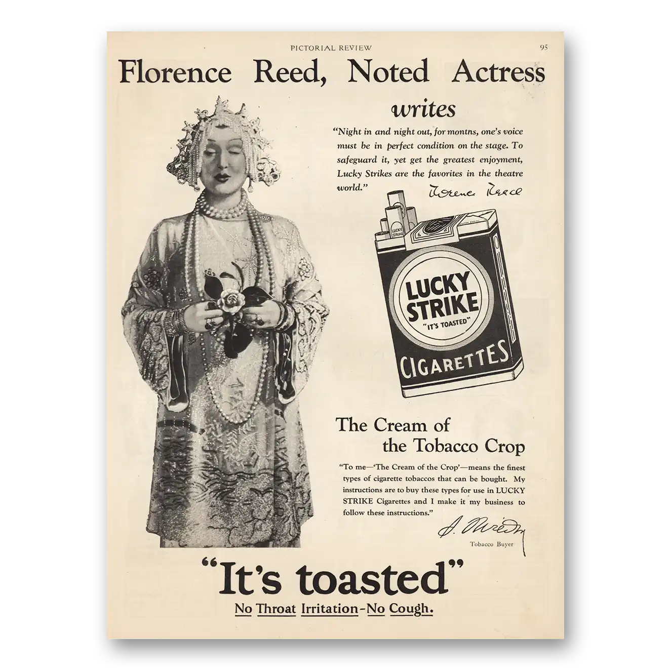 1928 Lucky Strike Cigarettes Florence Reed Noted Actress Vintage Magazine Print Ad