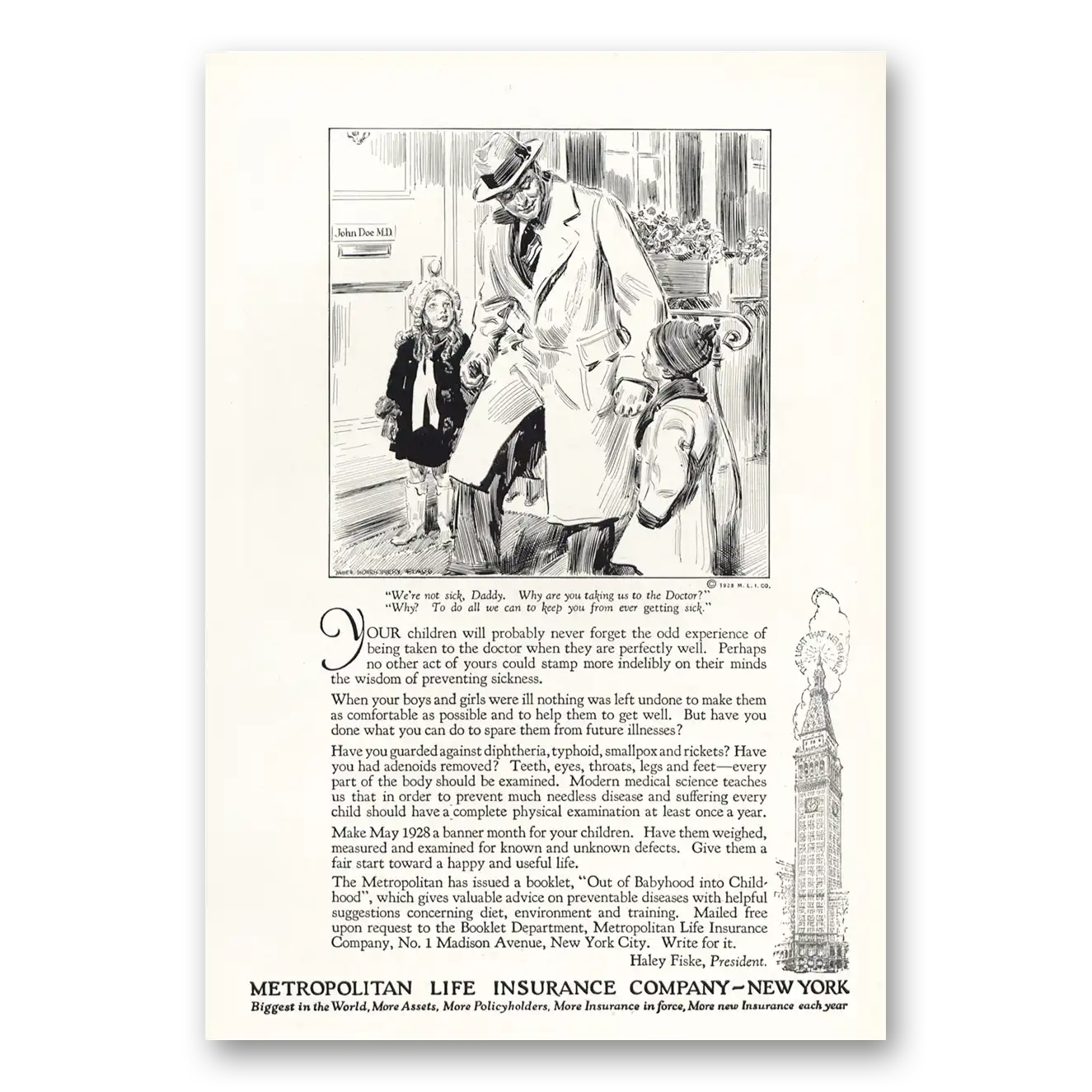 1928 Metropolitan Life Insurance We're Not Sick Daddy Vintage Magazine Print Ad