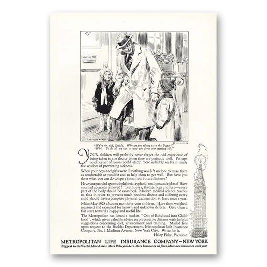 1928 Metropolitan Life Insurance We're Not Sick Daddy Vintage Magazine Print Ad