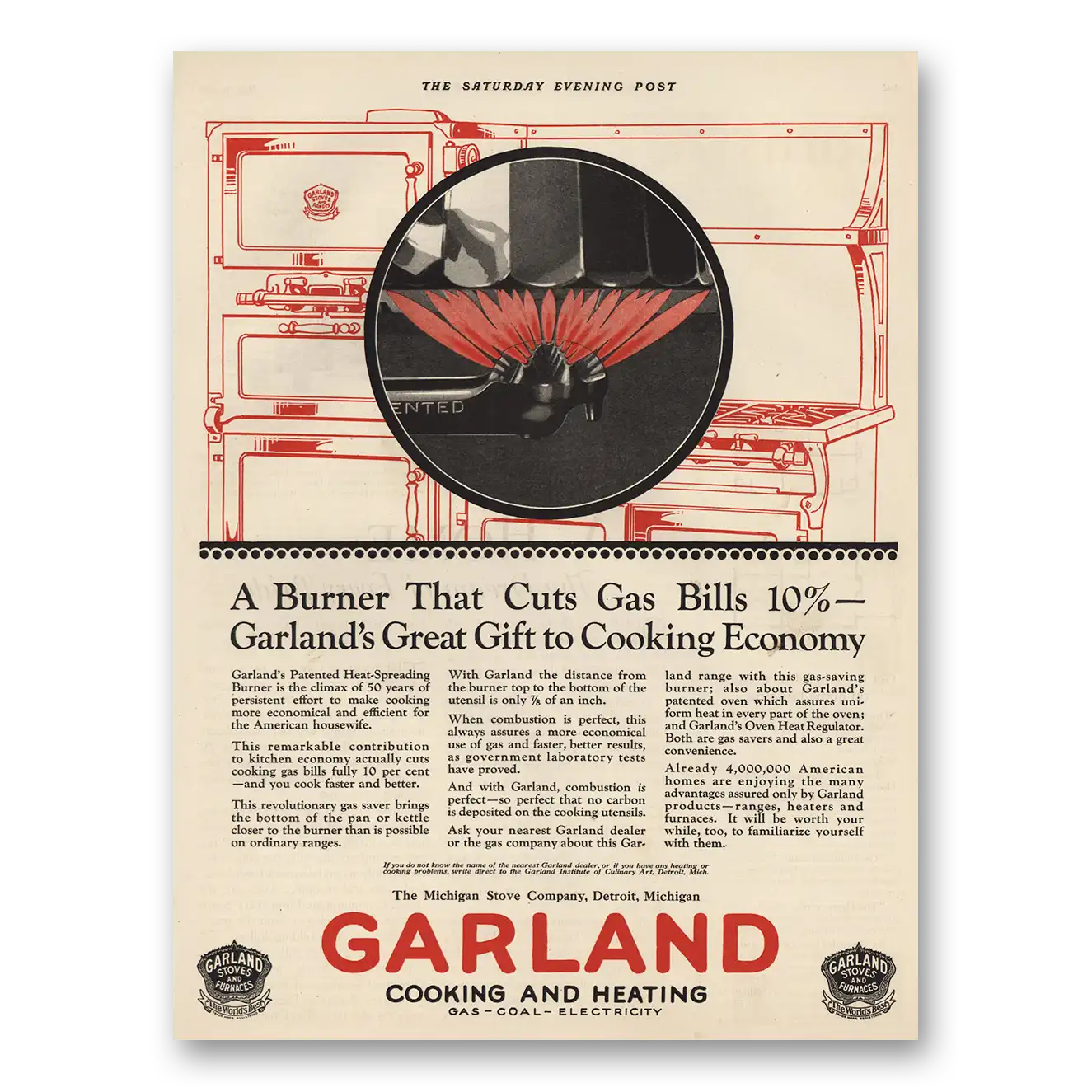 1925 Garland Cooking and Heating Burner Cuts Gas Bills Vintage Magazine Print Ad