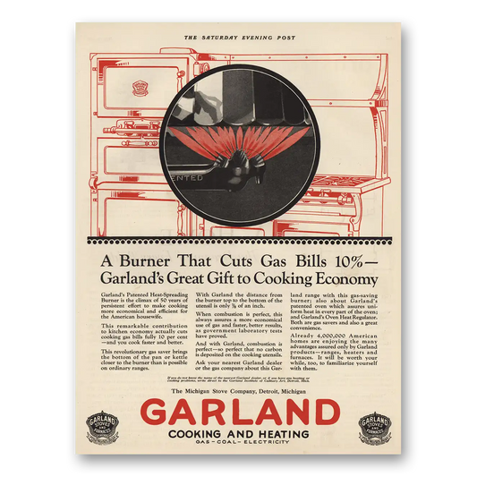 1925 Garland Cooking and Heating Burner Cuts Gas Bills Vintage Magazine Print Ad