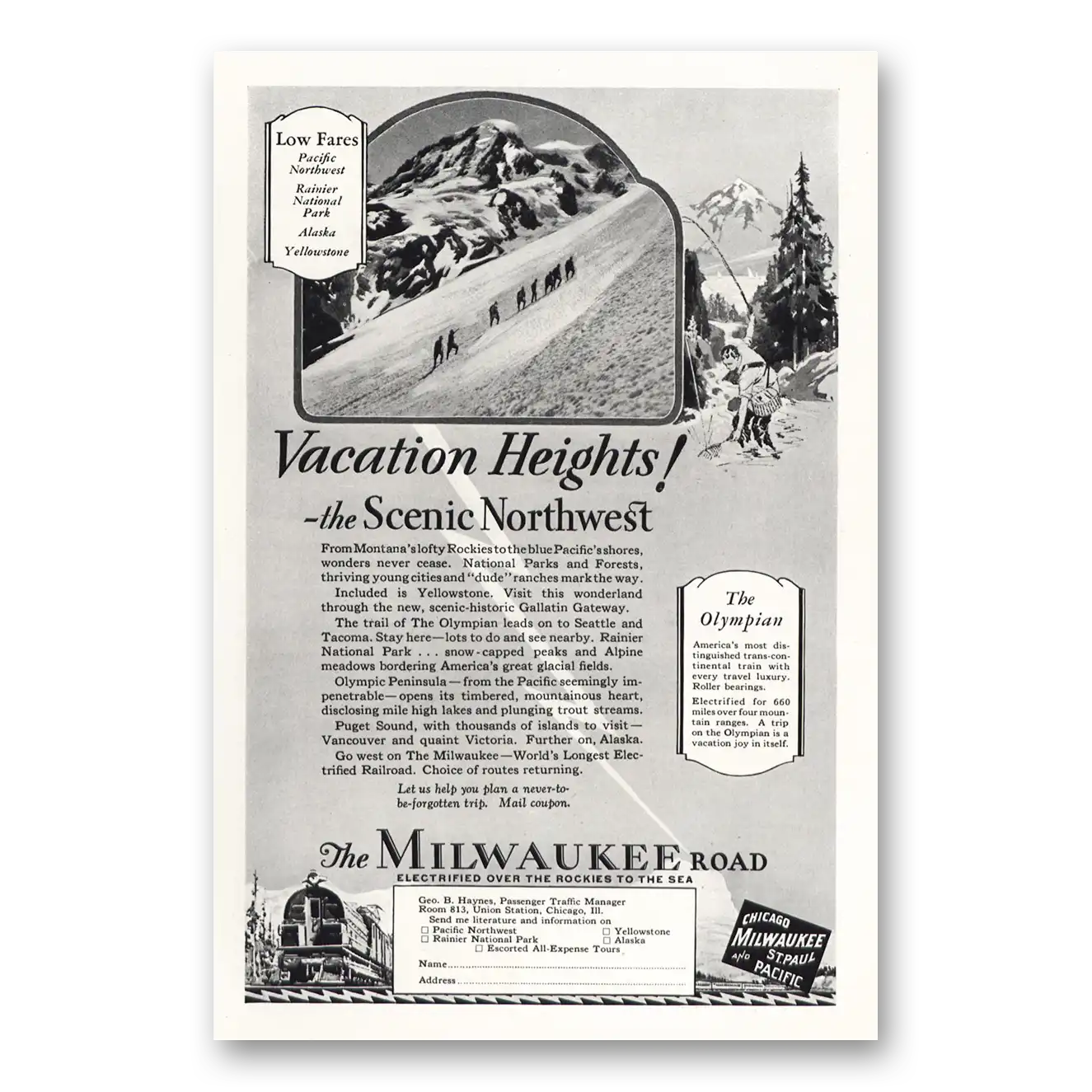 1928 Milwaukee Road Vacation Heights Scenic Northwest Vintage Magazine Print Ad