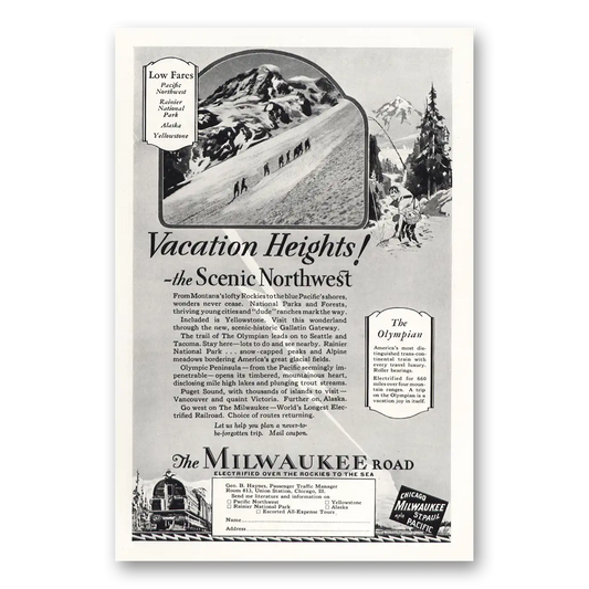 1928 Milwaukee Road Vacation Heights Scenic Northwest Vintage Magazine Print Ad