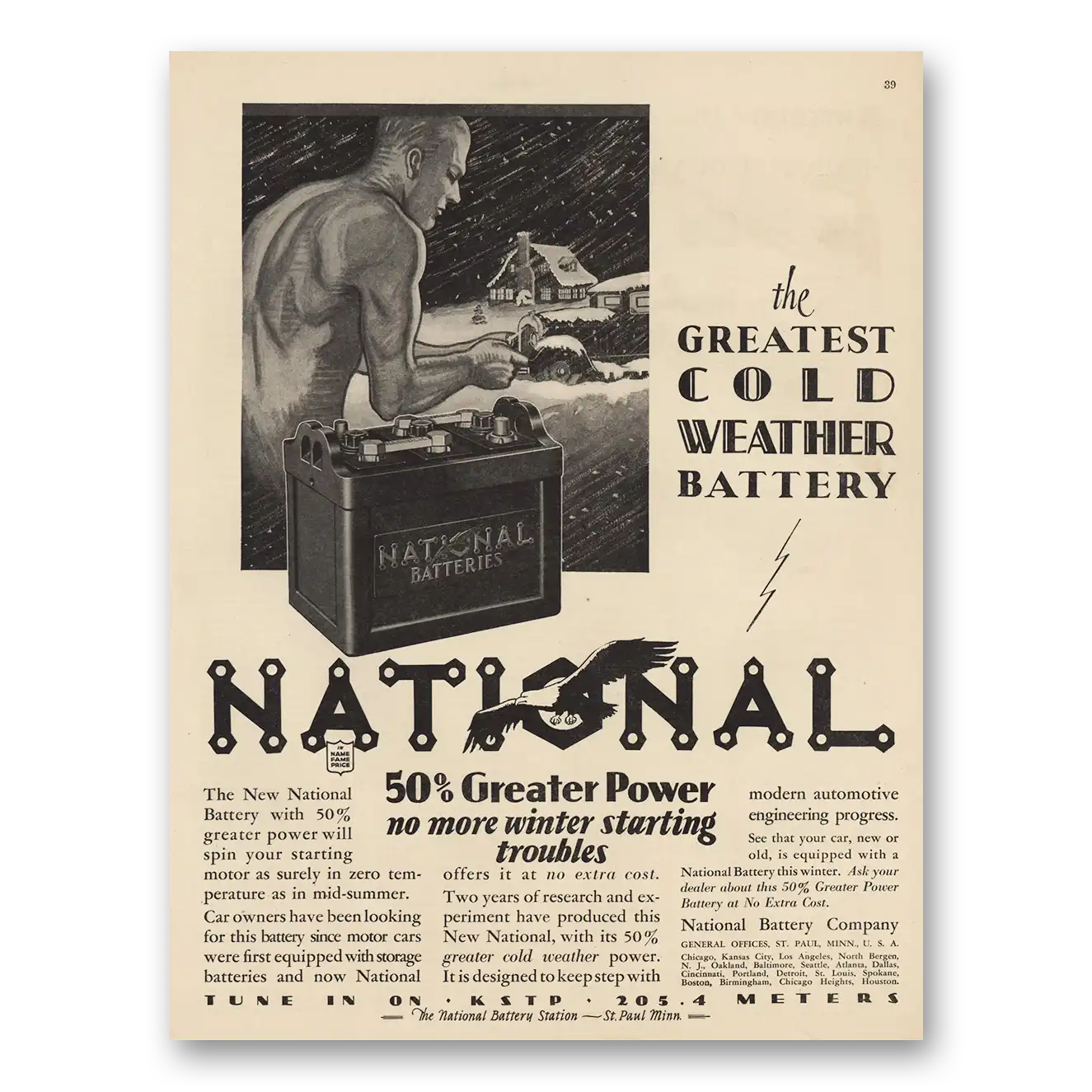 1928 National Battery Company Greatest Cold Weather Battery Vintage Magazine Print Ad