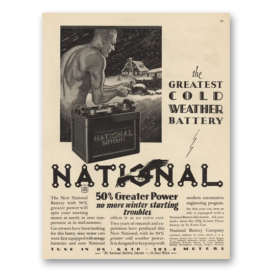 1928 National Battery Company Greatest Cold Weather Battery Vintage Magazine Print Ad