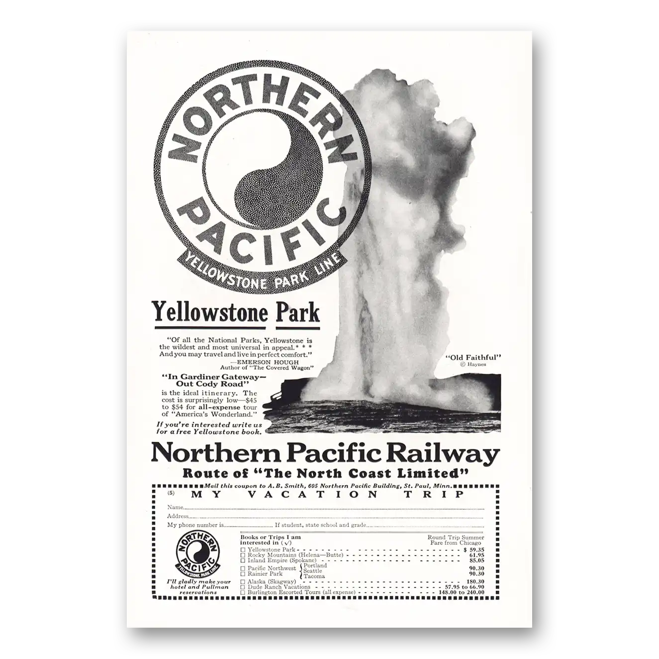 1928 Northern Pacific Railway Yellowstone Park Old Faithful Vintage Magazine Print Ad