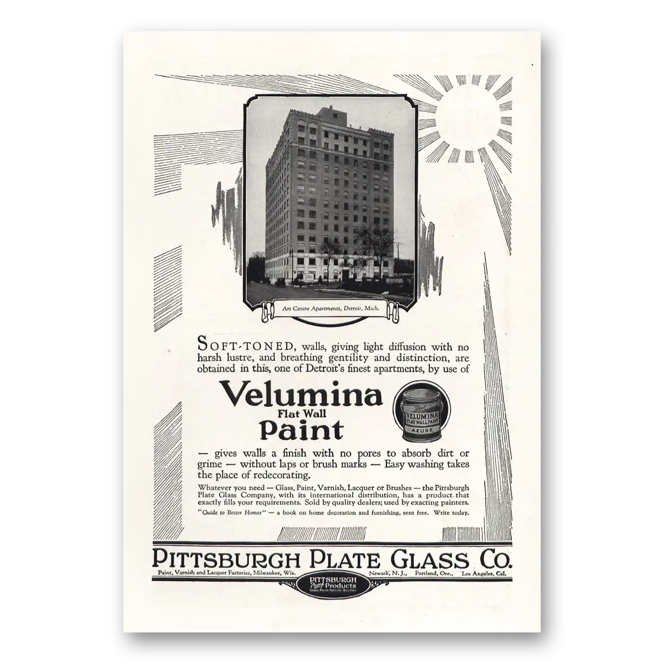 1928 PPG Pittsburgh Plate Glass Velumina Flat Wall Paint Art Center Apartments Detroit Vintage Magazine Print Ad