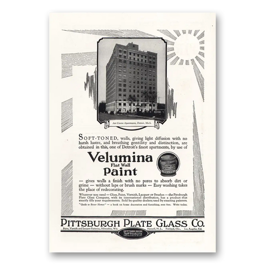 1928 PPG Pittsburgh Plate Glass Velumina Flat Wall Paint Art Center Apartments Detroit Vintage Magazine Print Ad