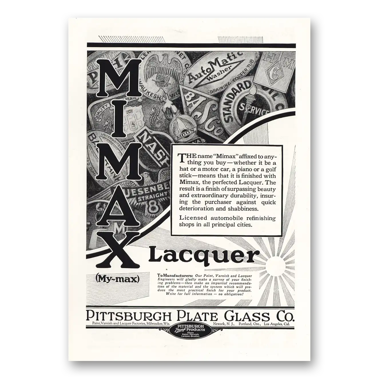 1928 PPG Pittsburgh Plate Glass Mimax Lacquer My max Vintage Magazine Print Ad