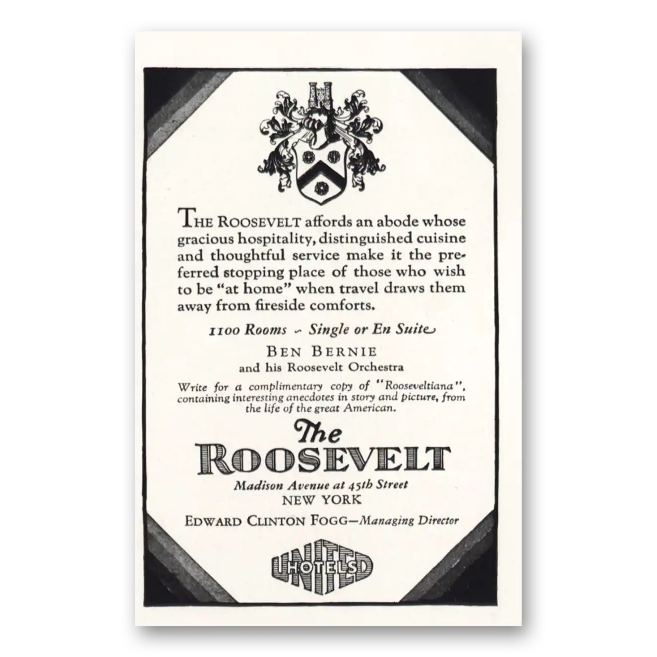 1928 Roosevelt Hotel New York Abode Whose Gracious Hospitality Vintage Magazine Print Ad