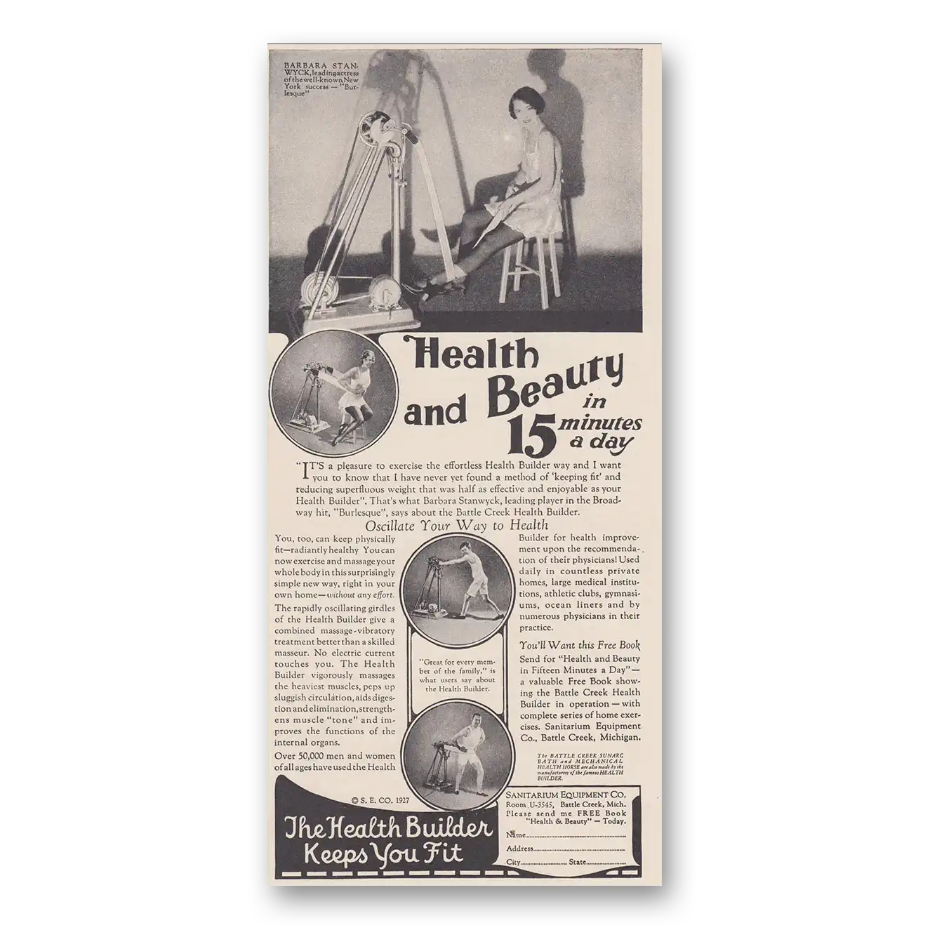 1928 Health Builder Health and Beauty 15 Minutes a Day Vintage Magazine Print Ad