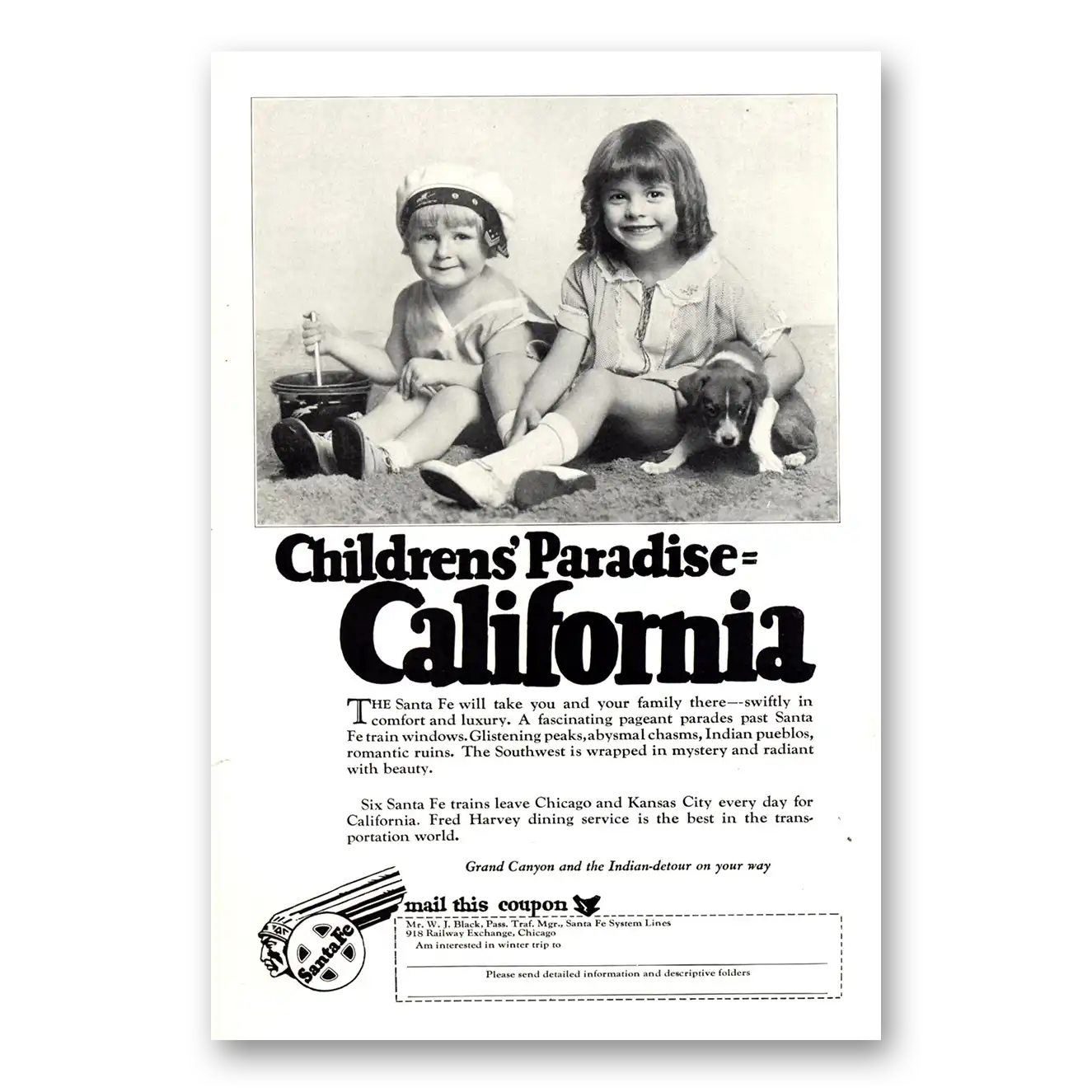 1928 Santa Fe Railway Children's Paradise California Vintage Magazine Print Ad