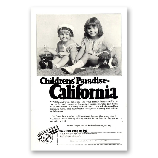 1928 Santa Fe Railway Children's Paradise California Vintage Magazine Print Ad