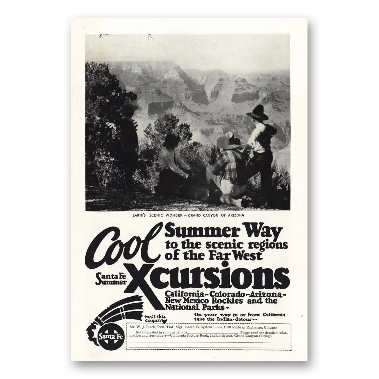 1928 Santa Fe Railway Cool Summer Way Xcursions Vintage Magazine Print Ad