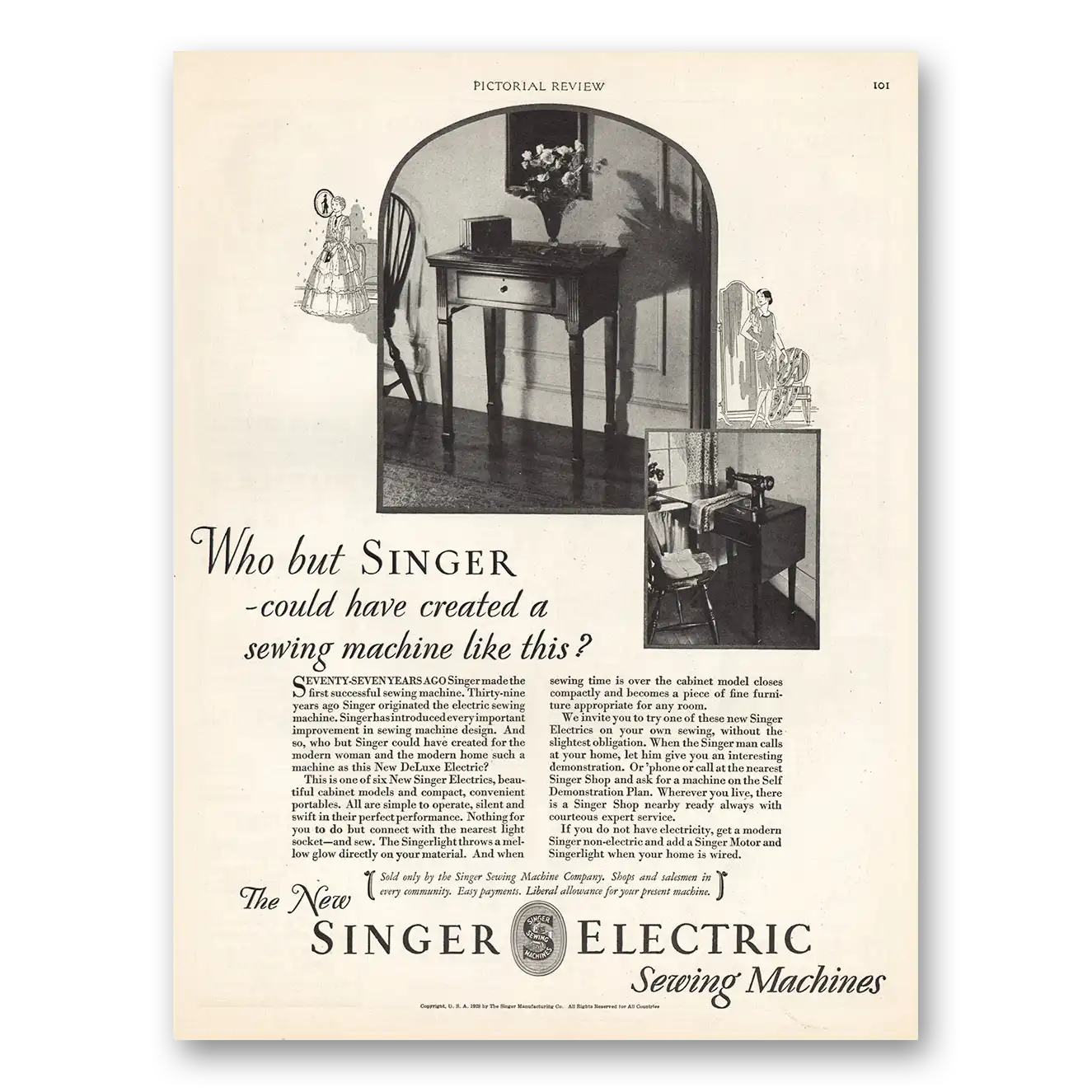 1928 Singer Sewing Machine Who But Singer Could Have Created Vintage Magazine Print Ad