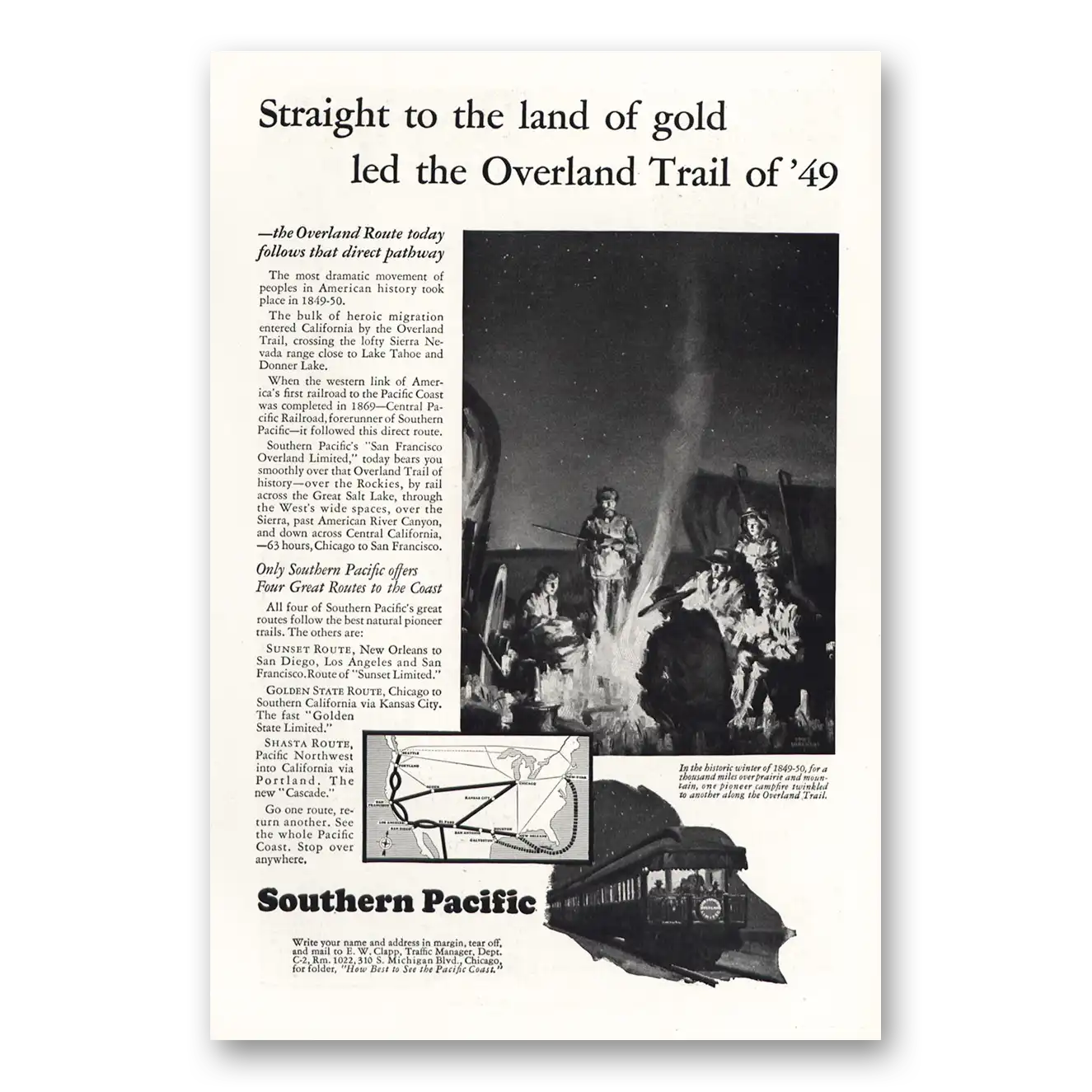 1928 Southern Pacific Land of Gold Overland Trail 49 Vintage Magazine Print Ad