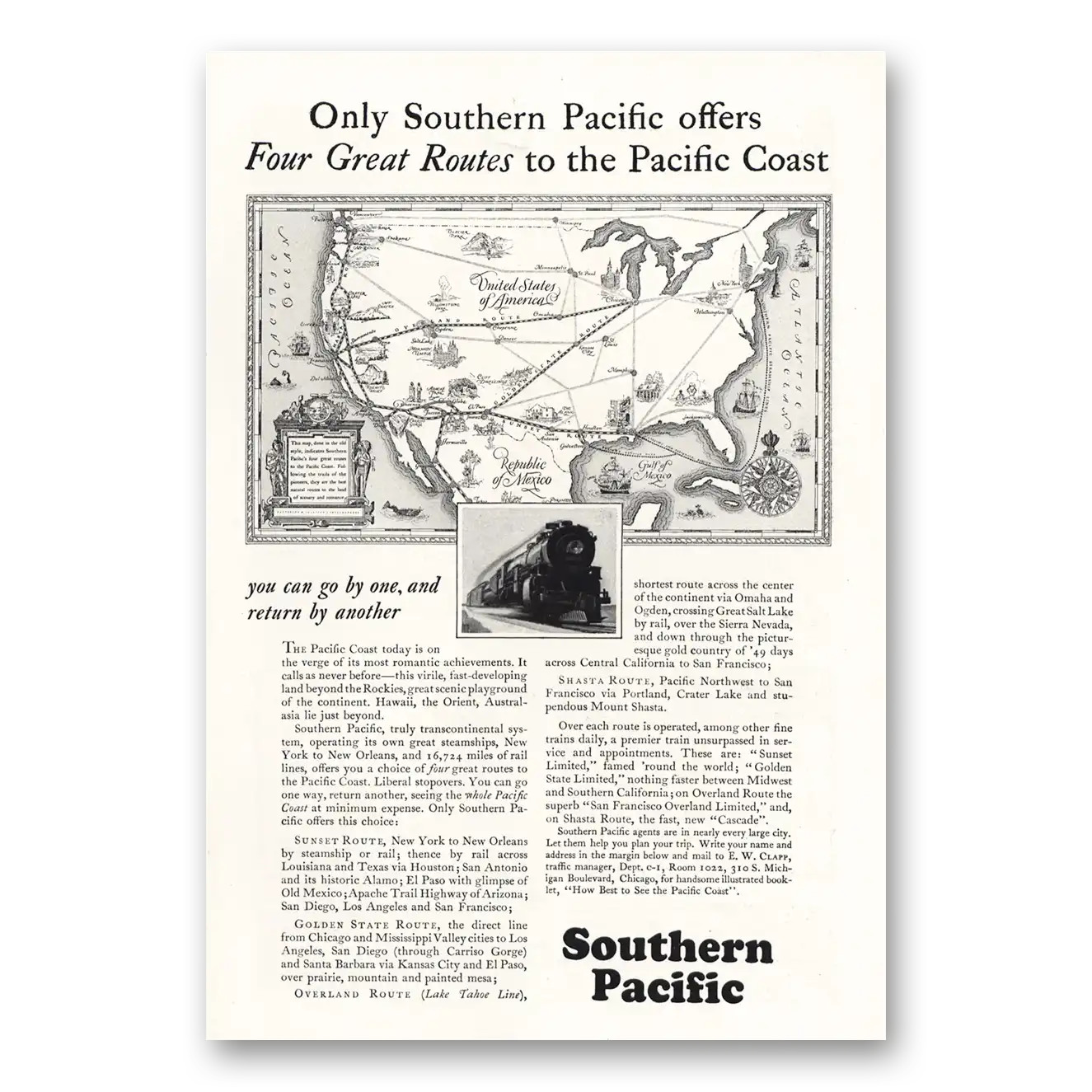 1928 Southern Pacific Four Great Routes Pacific Coast Vintage Magazine Print Ad