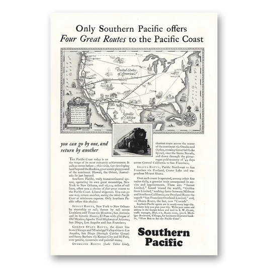 1928 Southern Pacific Four Great Routes Pacific Coast Vintage Magazine Print Ad