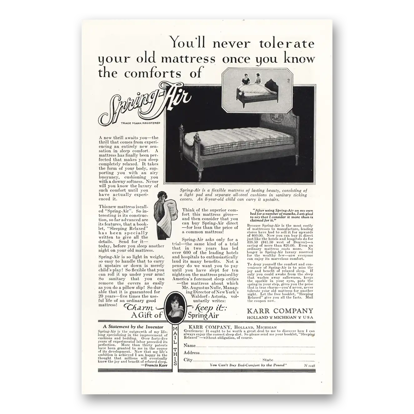 1928 Spring Air Mattress Never Tolerate Your Old Mattress Vintage Magazine Print Ad