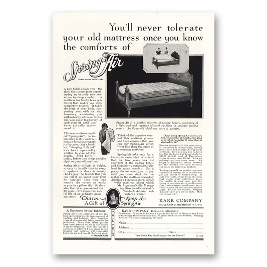 1928 Spring Air Mattress Never Tolerate Your Old Mattress Vintage Magazine Print Ad