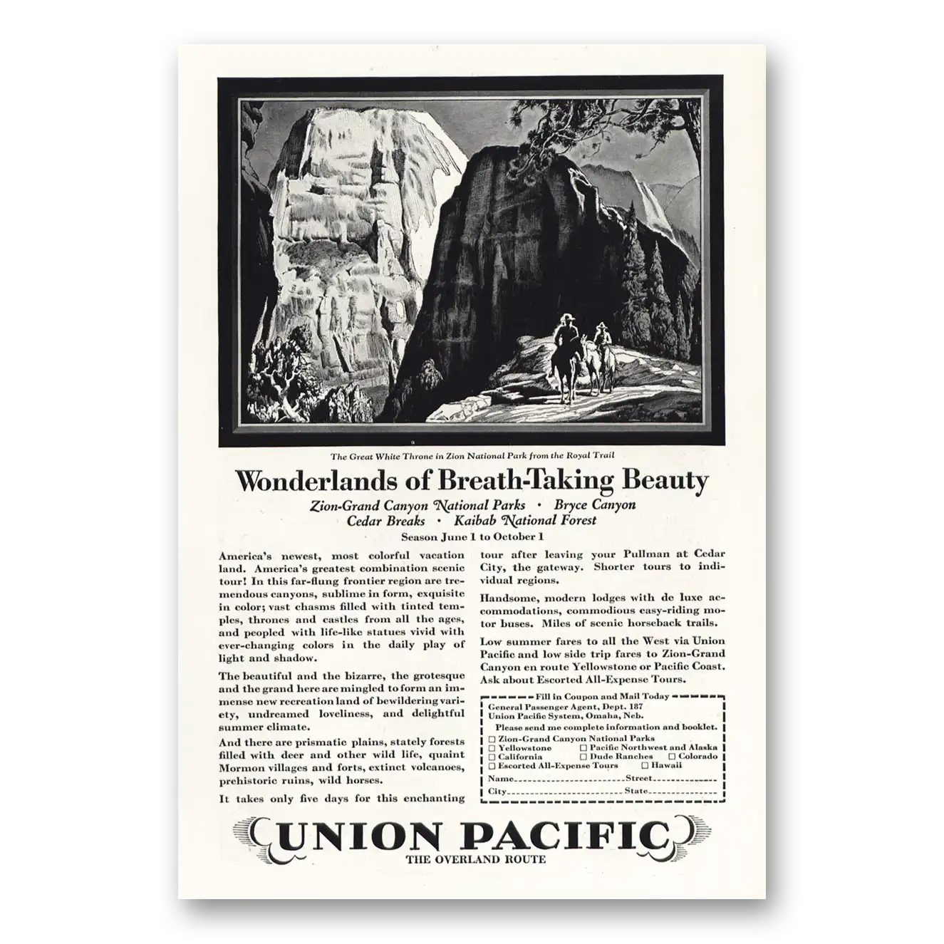 1928 Union Pacific Railroad Wonderlands Breath Taking Beauty Vintage Magazine Print Ad