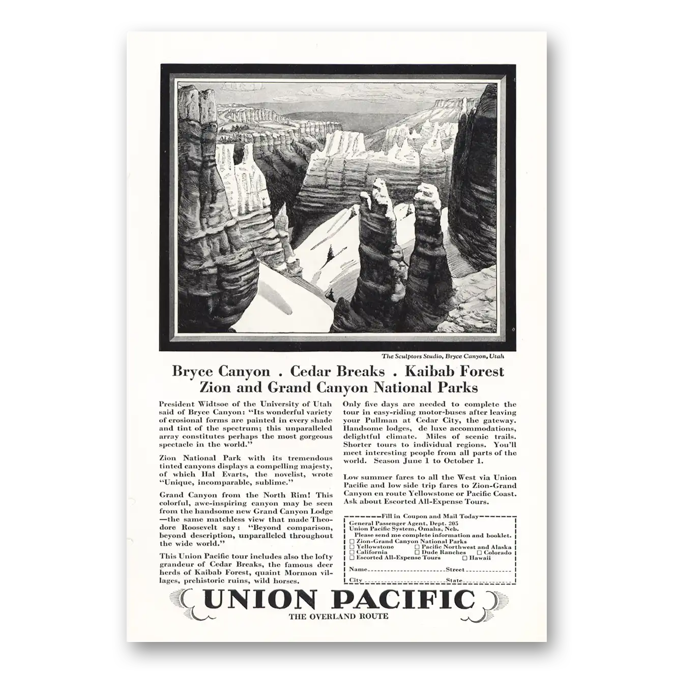 1928 Union Pacific Railroad Sculptors Studio Bryce Canyon Vintage Magazine Print Ad