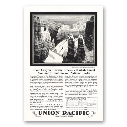 1928 Union Pacific Railroad Sculptors Studio Bryce Canyon Vintage Magazine Print Ad