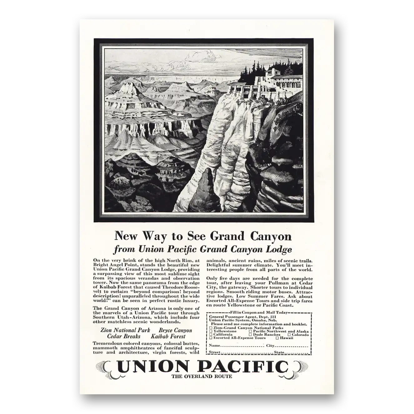 1928 Union Pacific Railroad New Way to See Grand Canyon Vintage Magazine Print Ad