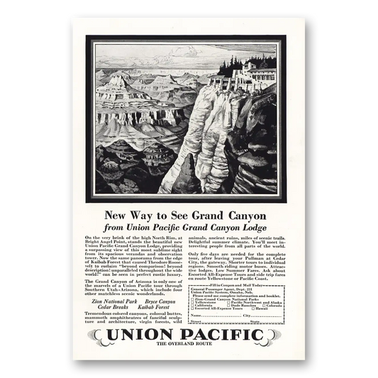 1928 Union Pacific Railroad New Way to See Grand Canyon Vintage Magazine Print Ad