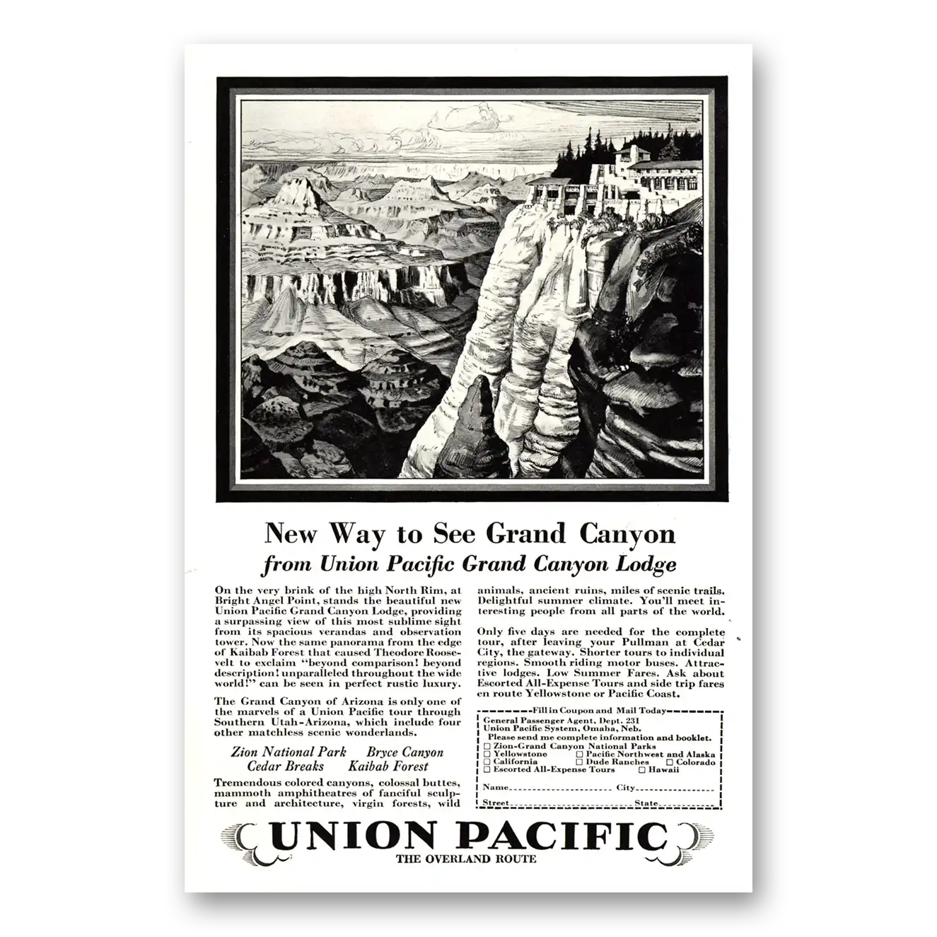 1928 Union Pacific Railroad New Way to See Grand Canyon Vintage Magazine Print Ad