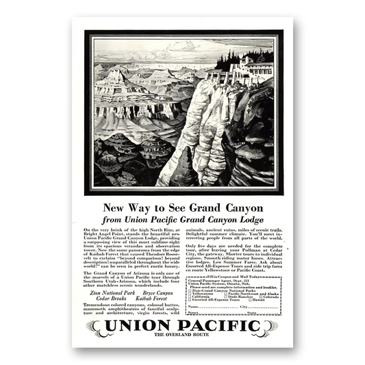 1928 Union Pacific Railroad New Way to See Grand Canyon Vintage Magazine Print Ad