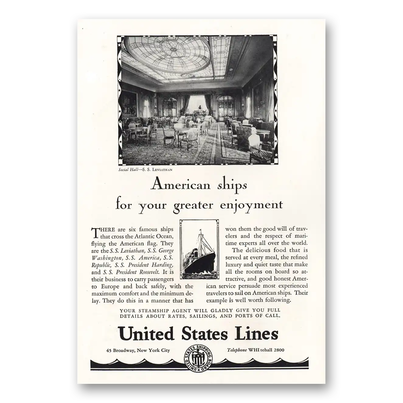 1928 United States Lines American Ships Greater Enjoyment Vintage Magazine Print Ad