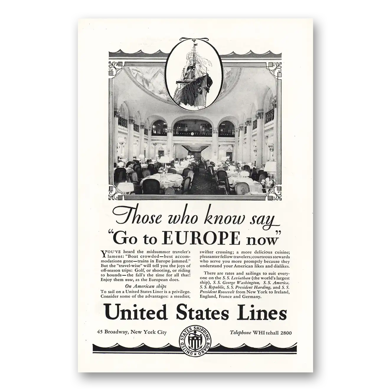 1928 United States Lines Those Who Know Say Go To Europe Vintage Magazine Print Ad