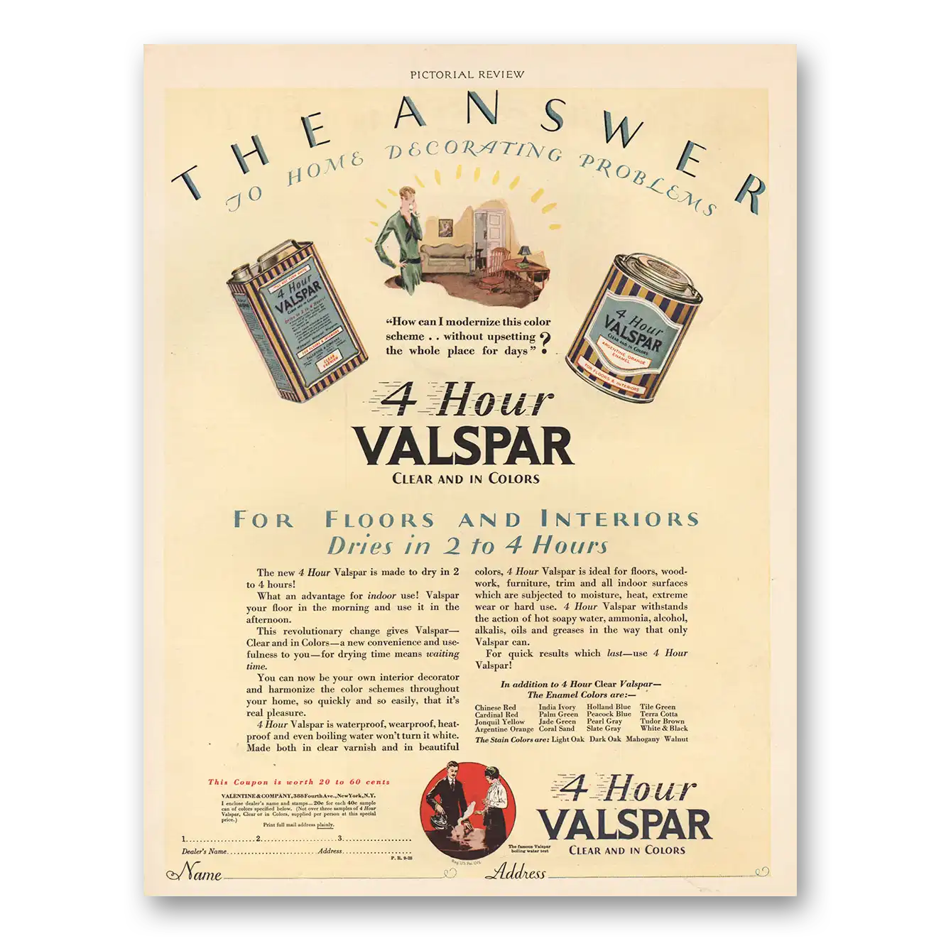 1928 Valspar Finishes For Floors and Interiors 4 Hour Vintage Magazine Print Ad