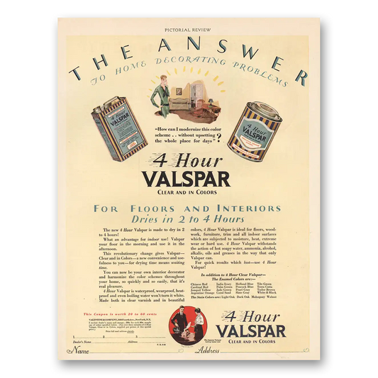 1928 Valspar Finishes For Floors and Interiors 4 Hour Vintage Magazine Print Ad