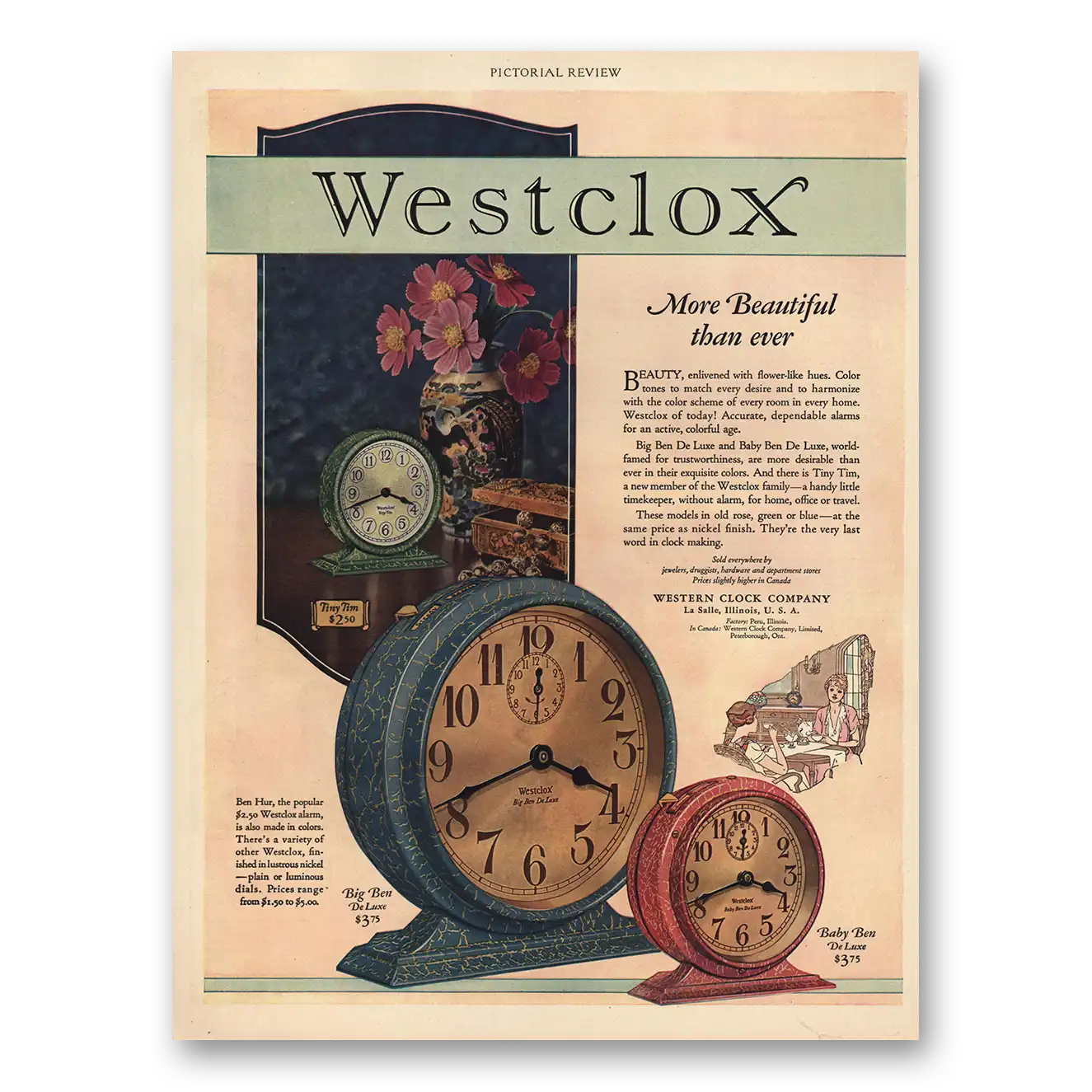 1928 Westclox More Beautiful Than Ever Vintage Magazine Print Ad