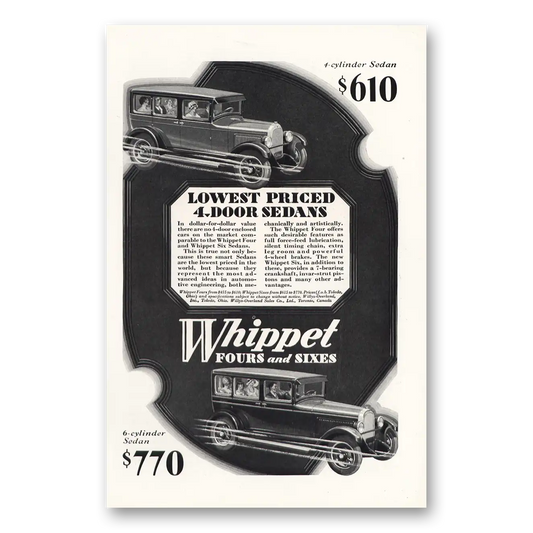 1928 Whippet Automobile Fours and Sixes 4 Cylinder Sedan Vintage Magazine Print Ad