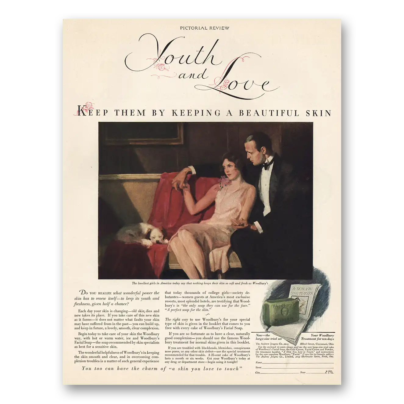 1928 Woodbury Facial Soap Youth and Love Vintage Magazine Print Ad