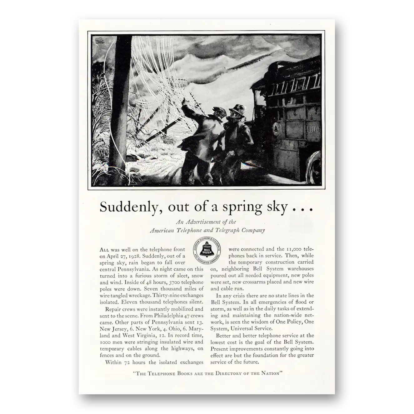 1929 American Telephone Suddenly Out of Spring Sky Vintage Magazine Print Ad